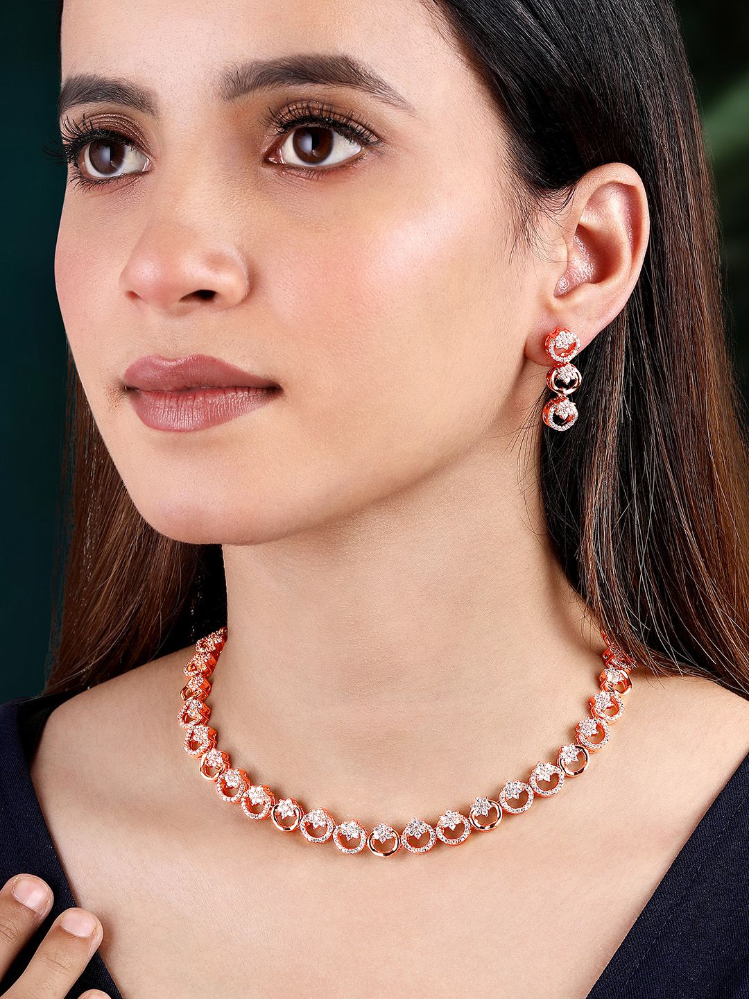 Peora Rose Gold Plated CZ Studded Jewellery Set