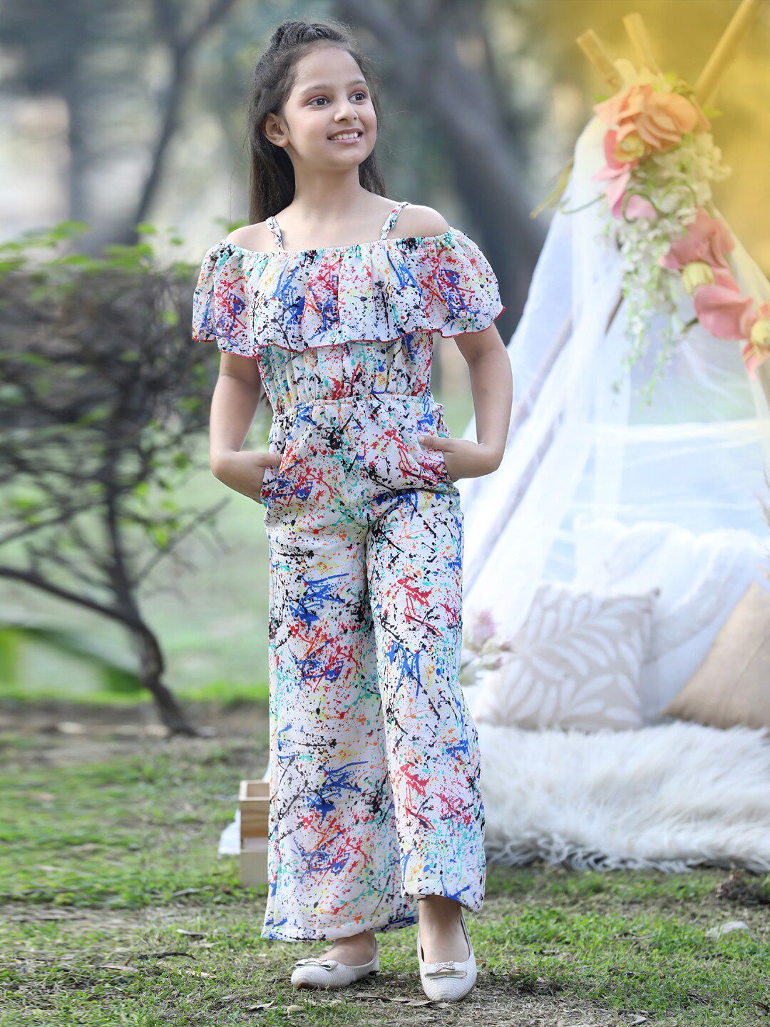 Girls Printed Shoulder Straps Basic Jumpsuit