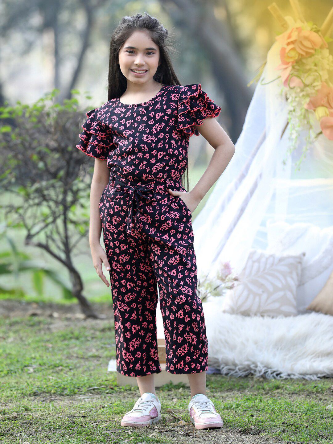 Girls Printed Capri Jumpsuit With Ruffles 5
