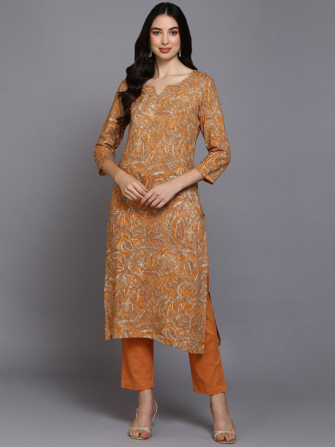 KALINI Ethnic Motifs Printed Three-Quarter Sleeves Straight Kurta