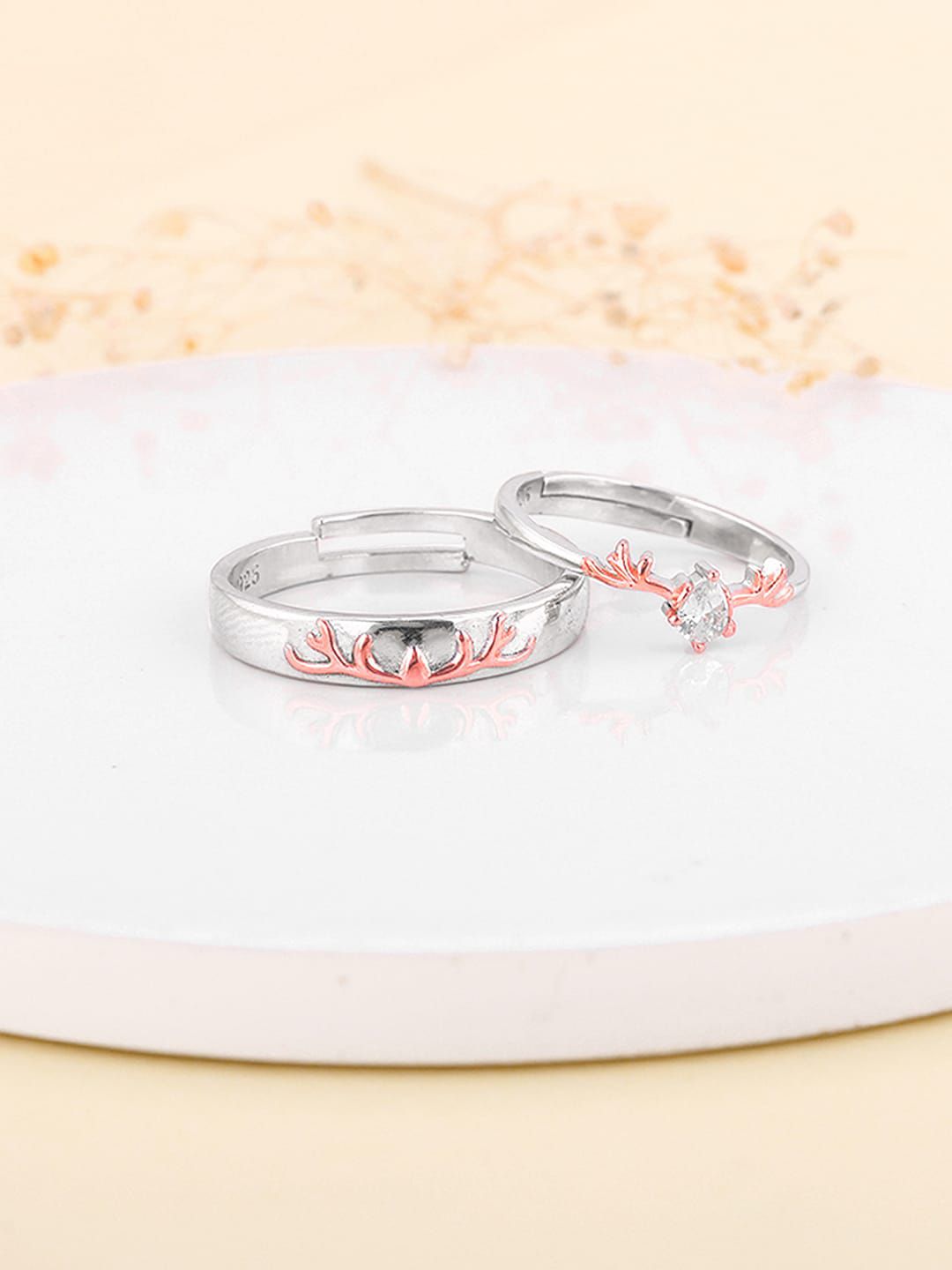 GIVA 925 Rodium-Plated Stone Studded Deer Couple Finger Ring