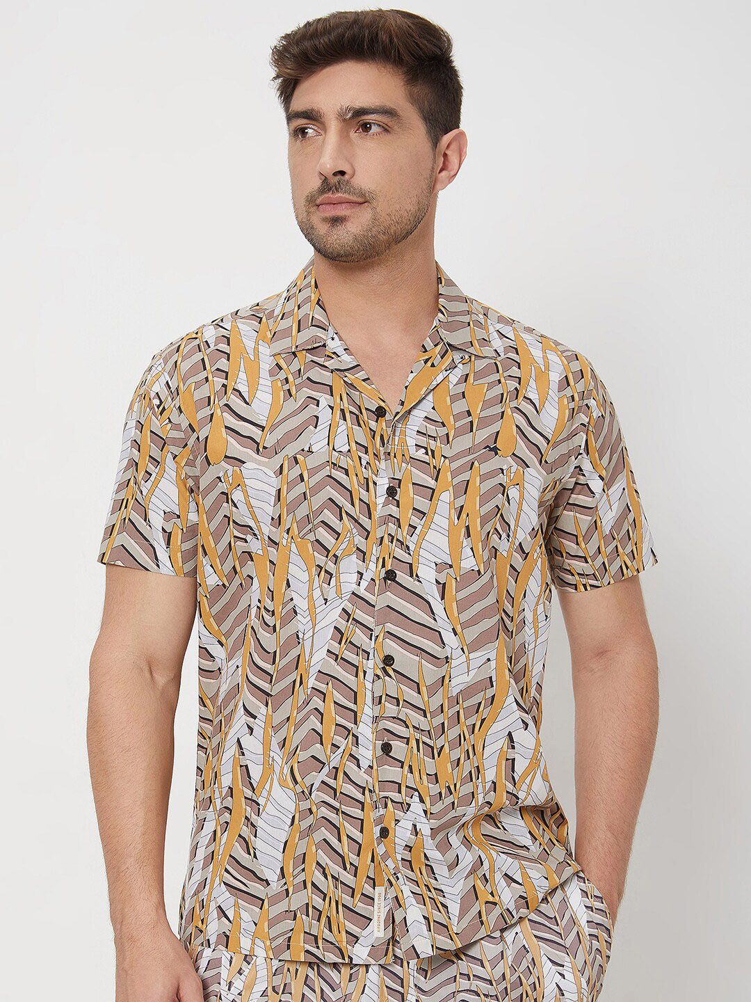 Mufti Slim Fit Abstract Printed Cuban Collar Short Sleeves Cotton Casual Shirt