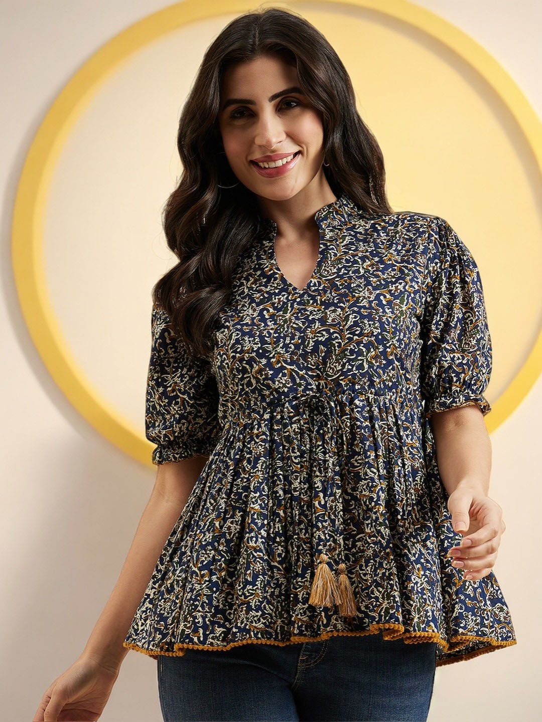 Azira Cotton Floral Print Puff Sleeve Peplum Top