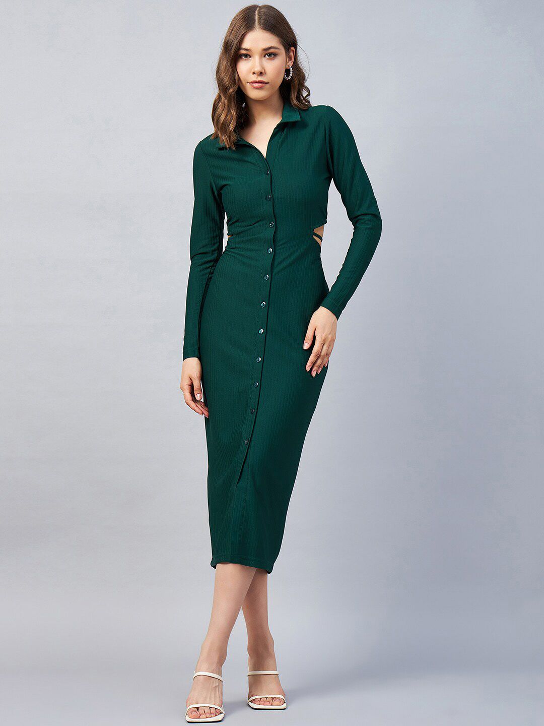 Orchid Blues Shirt Collar Long Sleeves Cut Out Sheath Midi Dress