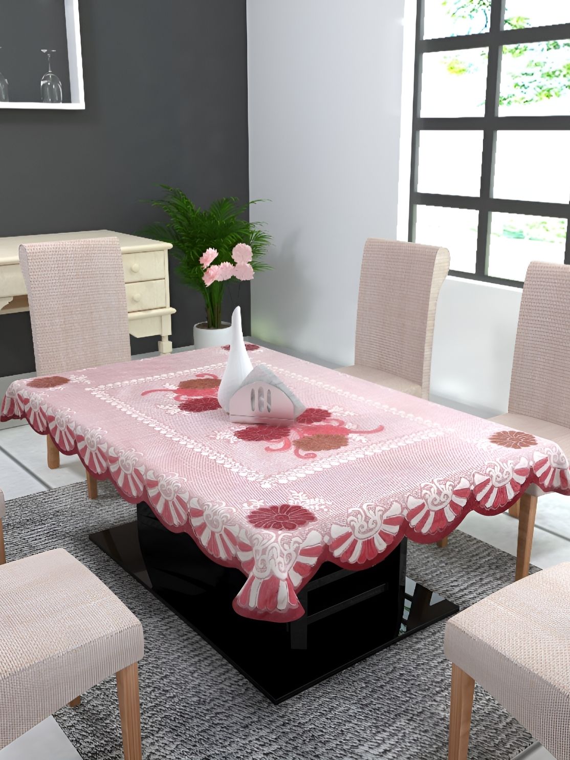 MONKDECOR Maroon Floral 2 Seater Rectangle Cotton Table Cover with Embroidered details