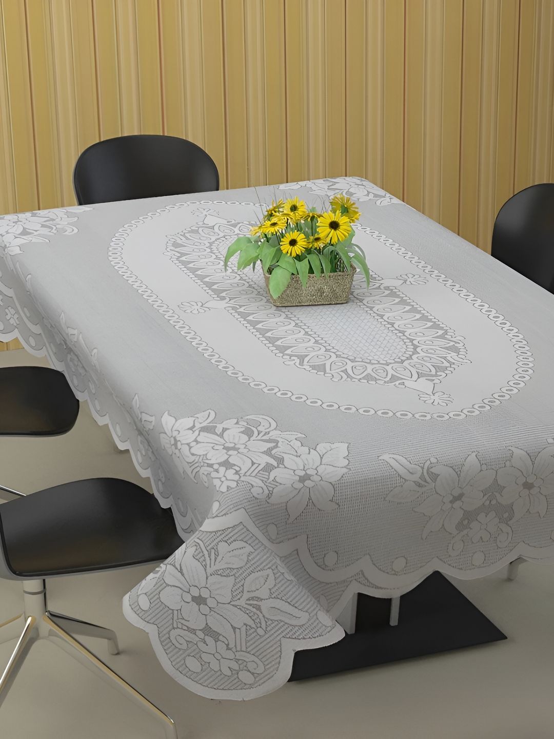 MONKDECOR Cream Floral 2 Seater Cotton Table Cover