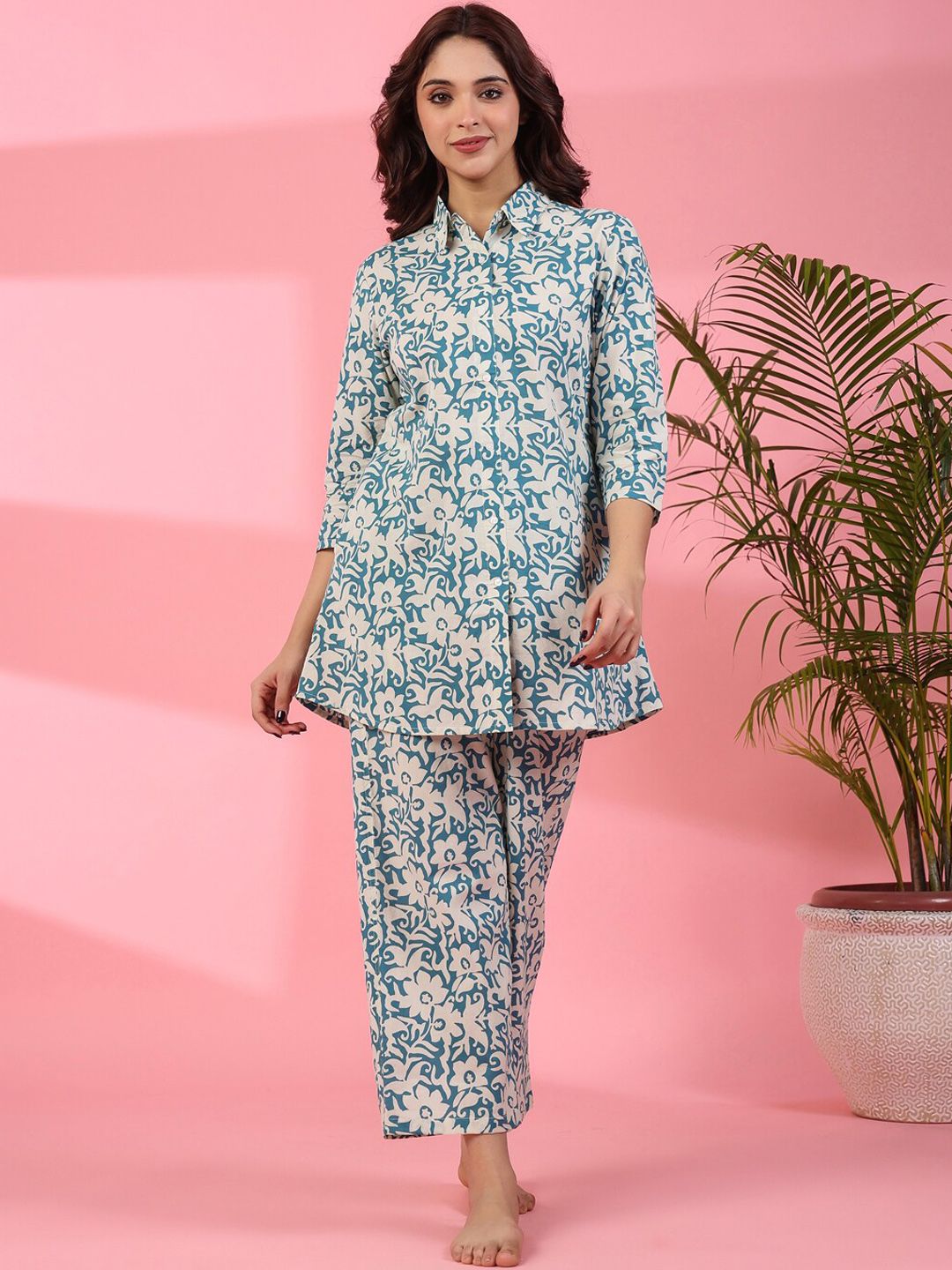 SANSKRUTIHOMES Floral Printed Shirt Collar Pure Cotton Kurti With Pyjamas Night Suit