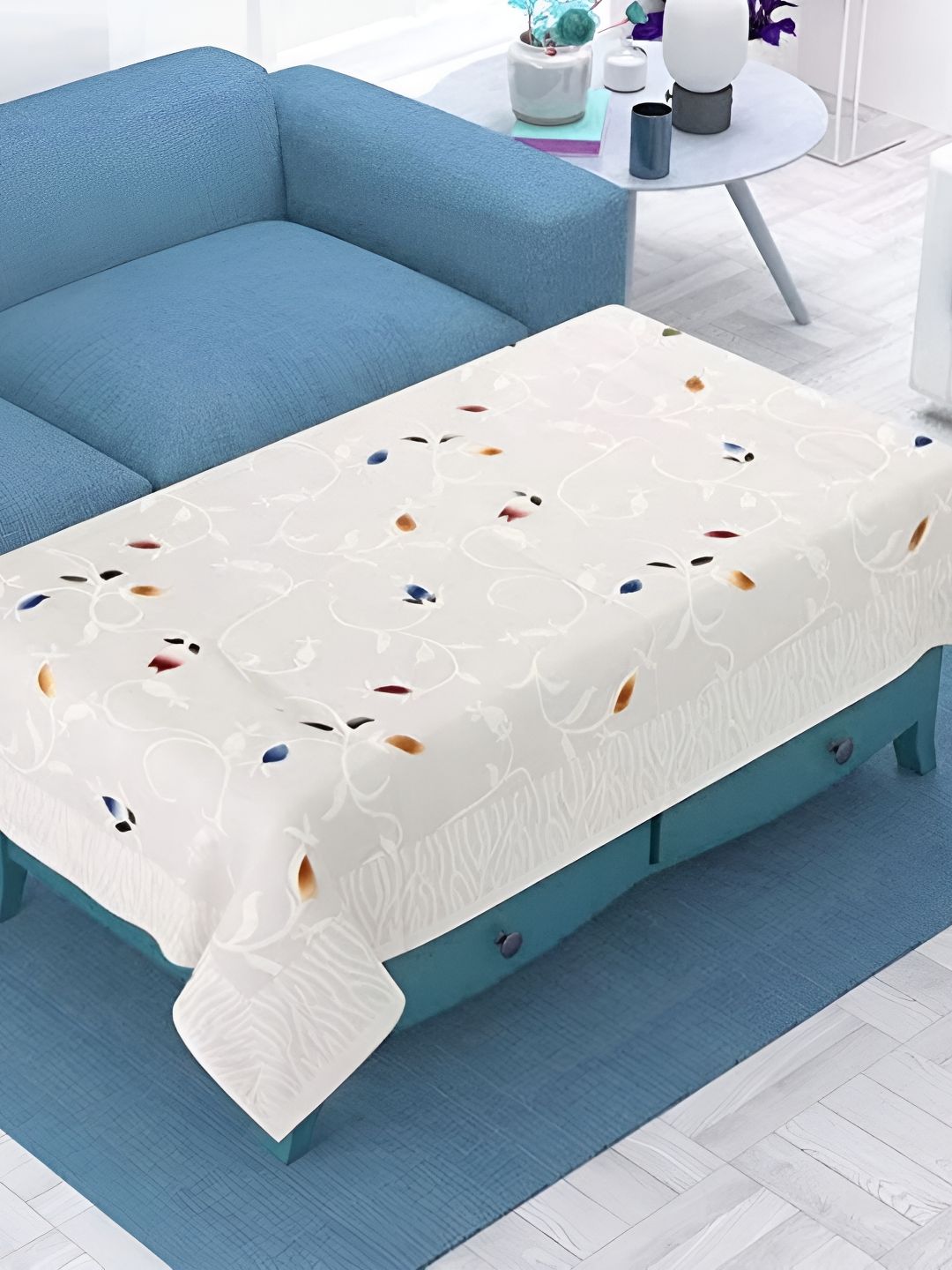 MONKDECOR White Floral Cotton 2-Seater Table Cover