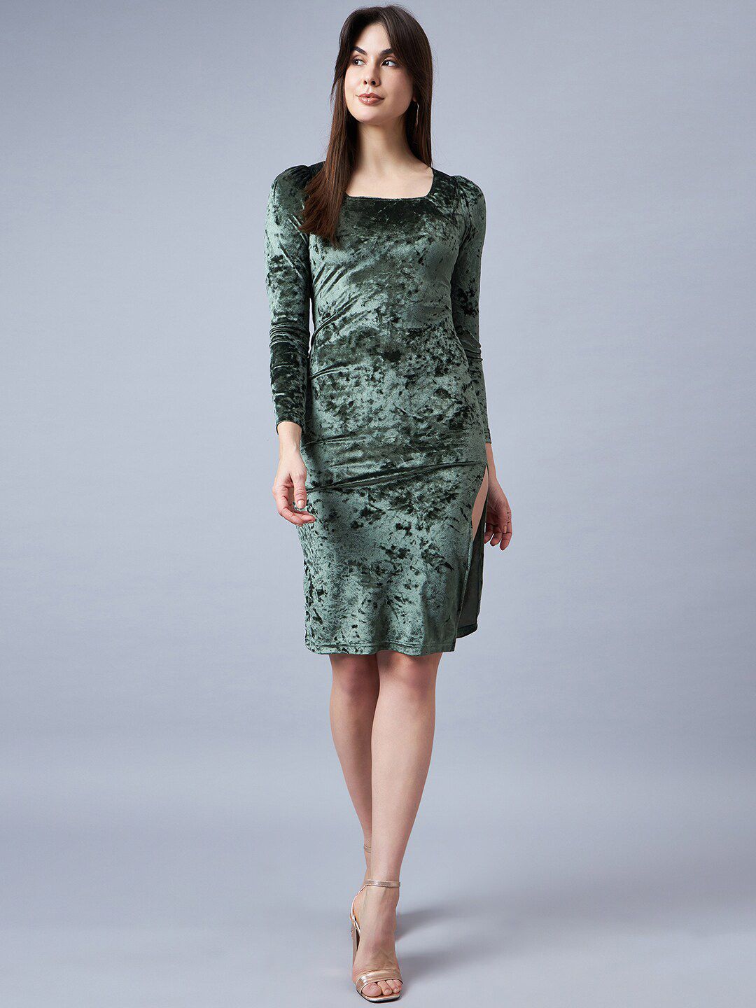 Orchid Blues Square Neck Long Sleeves Velvet Sheath Dress