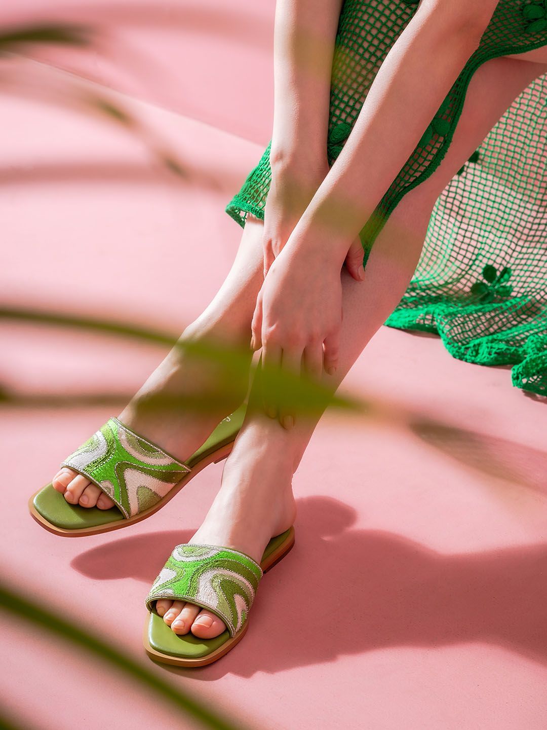 Saint G Embellished Leather Open Toe Flats