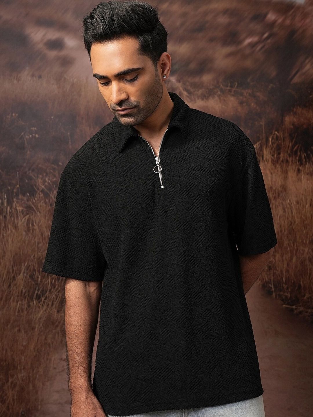 LOCOMOTIVE Men Premium Terry Towel Oversized Dropshoulder Half Zip Polo T-Shirt