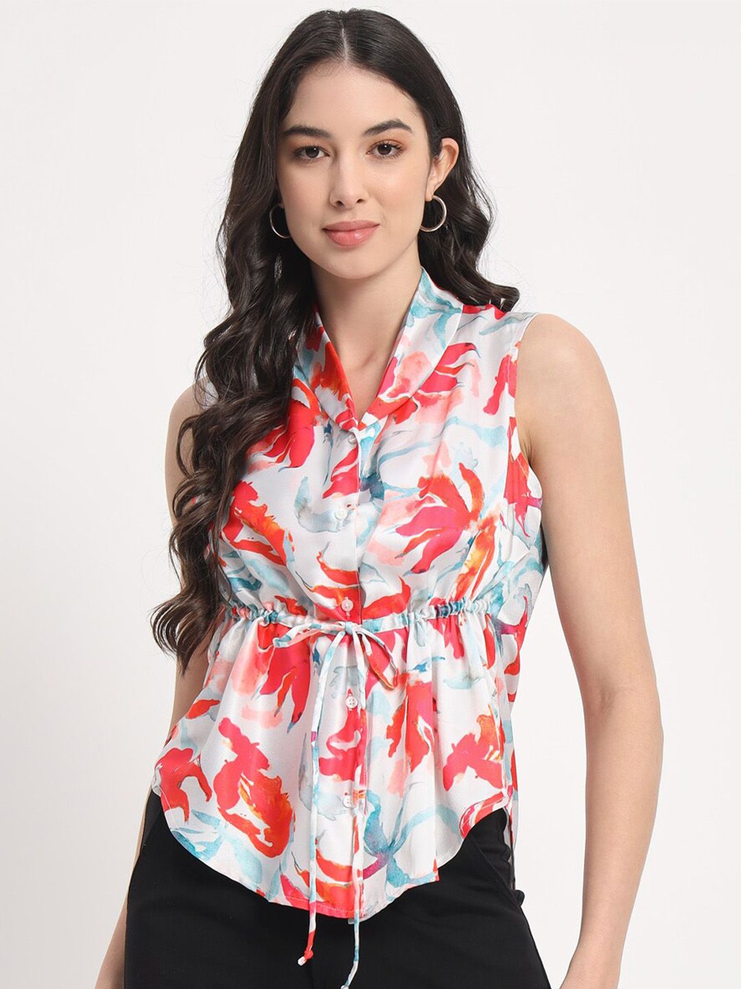 angloindu Floral Printed Sleeveless Satin Cinched Waist Top