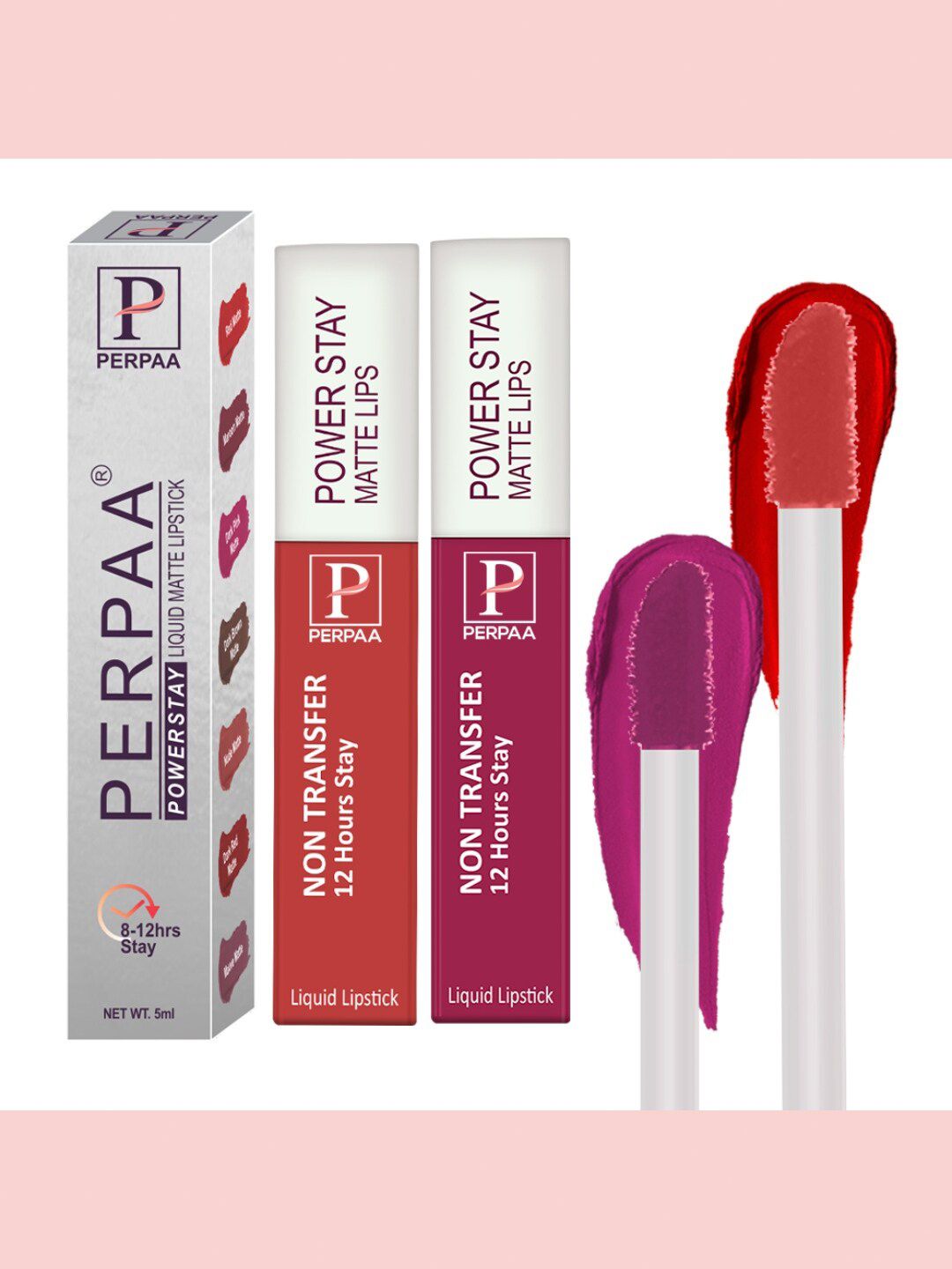 PERPAA Set of 2 Power Stay Liquid Matte Lipstick - 5ml Each - Red 01 & Pink 10