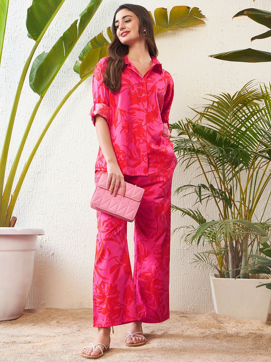 SASSAFRAS Magenta Floral Printed Pure Cotton Shirt With Trousers