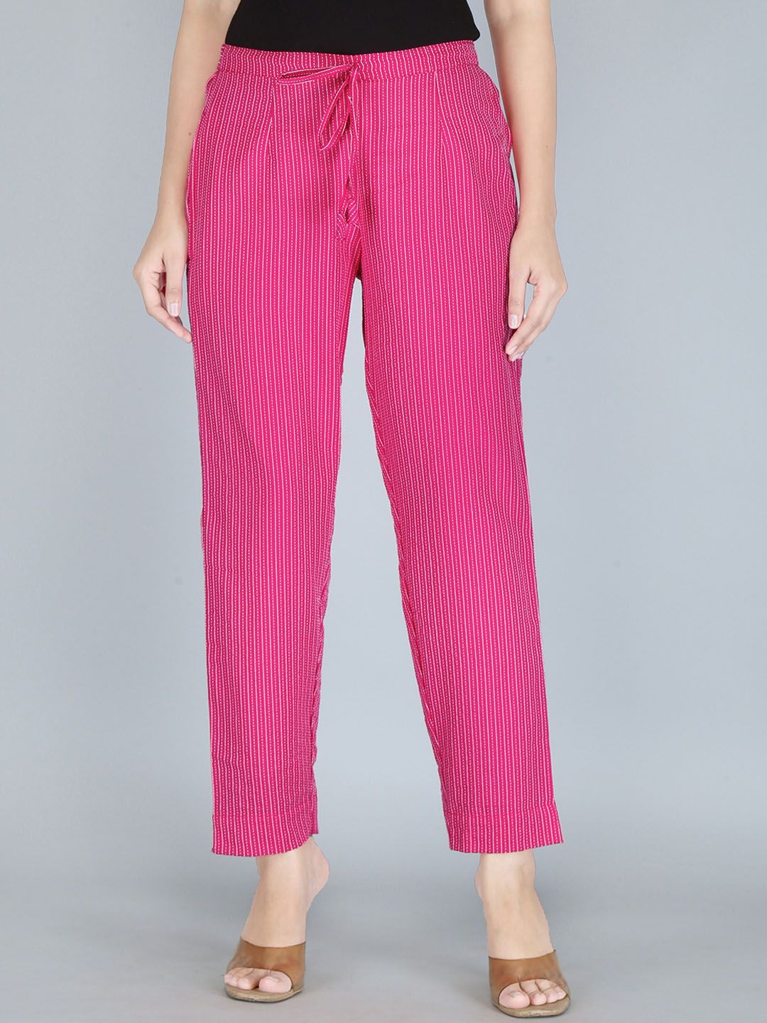 KANNAHI Women Striped Pure Cotton Trousers