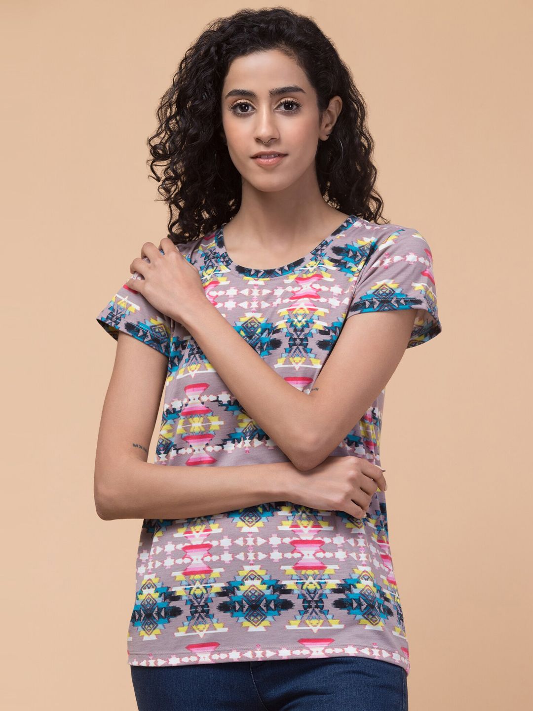 Hive91 Geometric Printed Round Neck Cotton Relaxed Fit T-shirt
