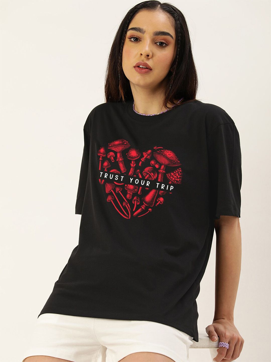 JUNEBERRY Typography Printed Drop-Shoulder Sleeves Pure Cotton Oversized Tshirt