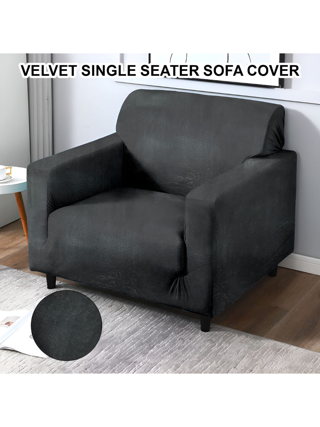 Cortina Elastic Stretchable Solid Velvet Straight Single Seater Sofa Cover-57x35In