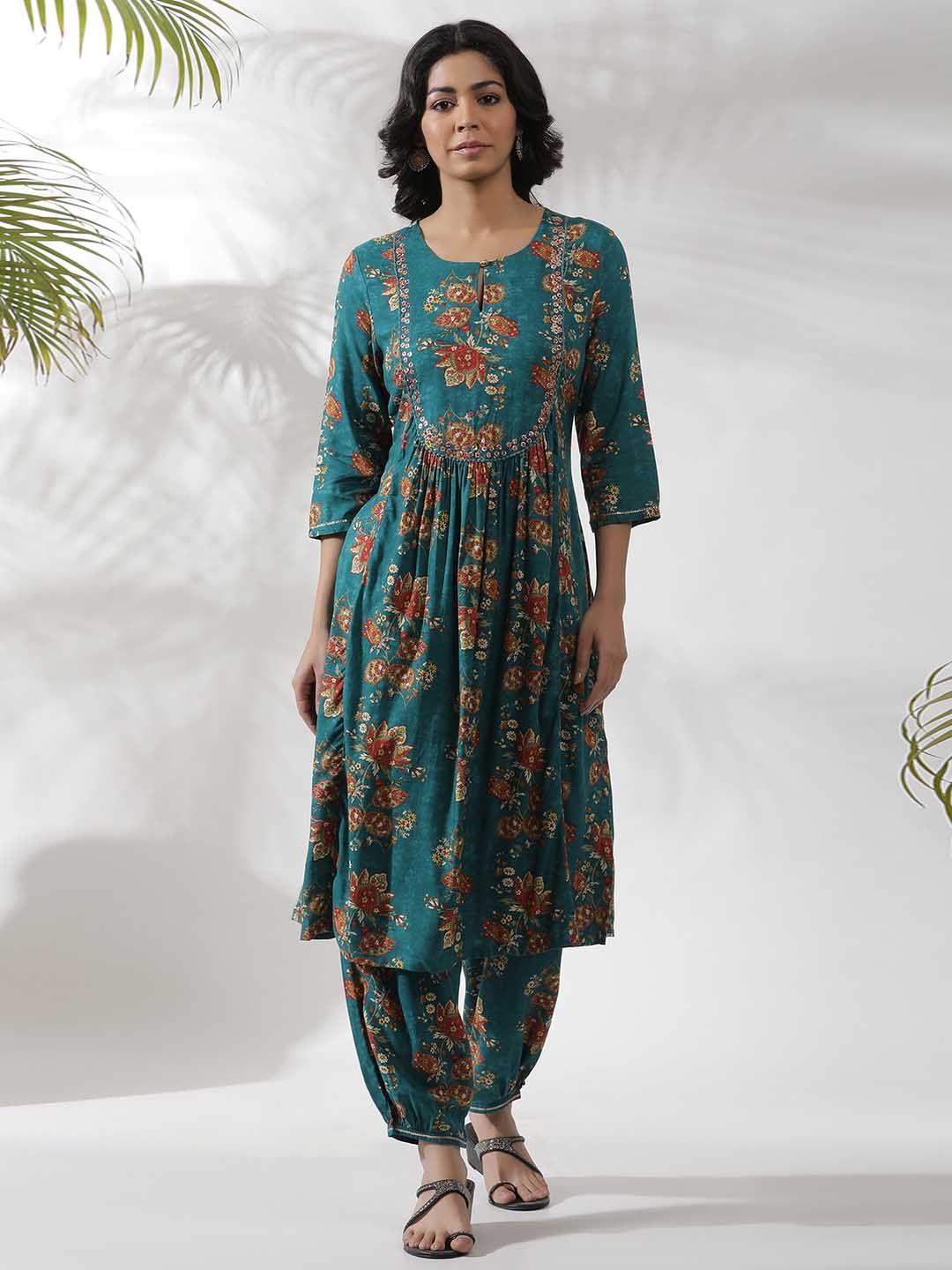 W Floral Printed A-Line Sequinned Kurta with Salwar