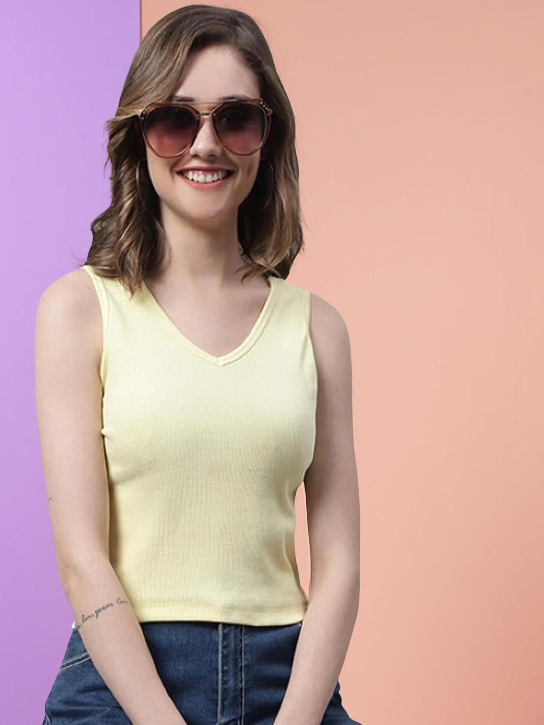 FBAR Women Solid Cotton V-Neck Sleeveless Cropped T-Shirt