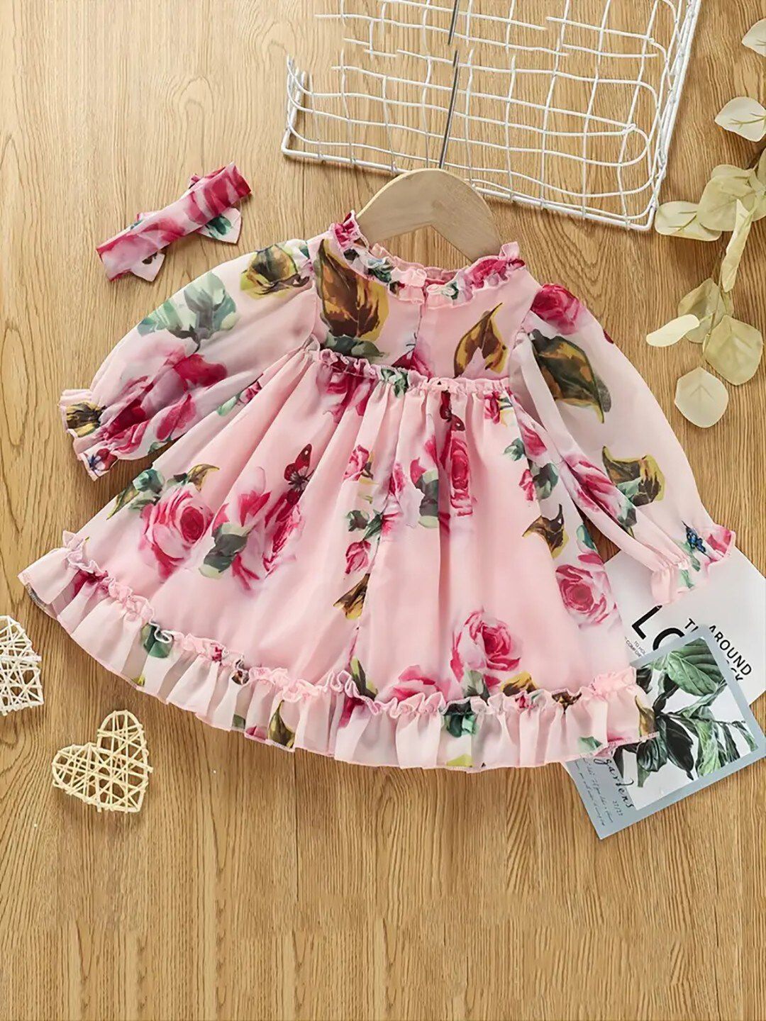 Girls Floral Print Puff Sleeves Ruffled Georgette Fit & Flare Dress 2
