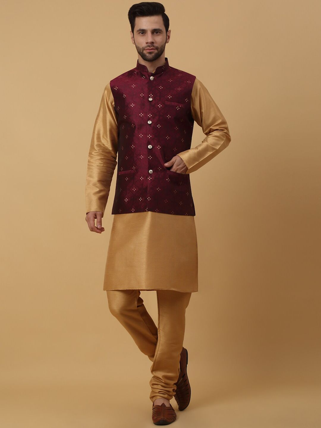 KRAFT INDIA Mandarin Collar Kurta & Churidar with Nehru jacket