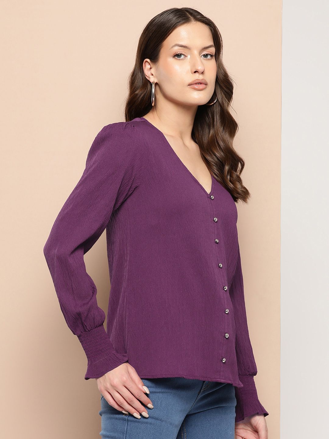 Bishop Sleeves Crepe Shirt Style Top 3