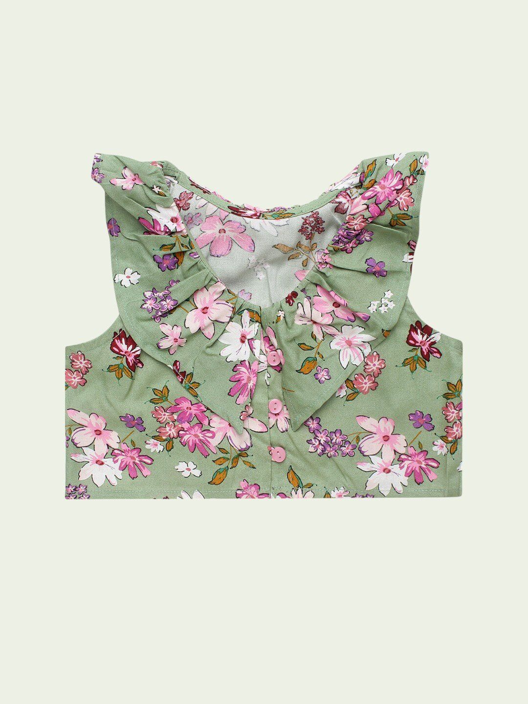 Superminis Girls Floral Printed V-Neck Sleeveless Ruffles Detail Crop Rayon Top