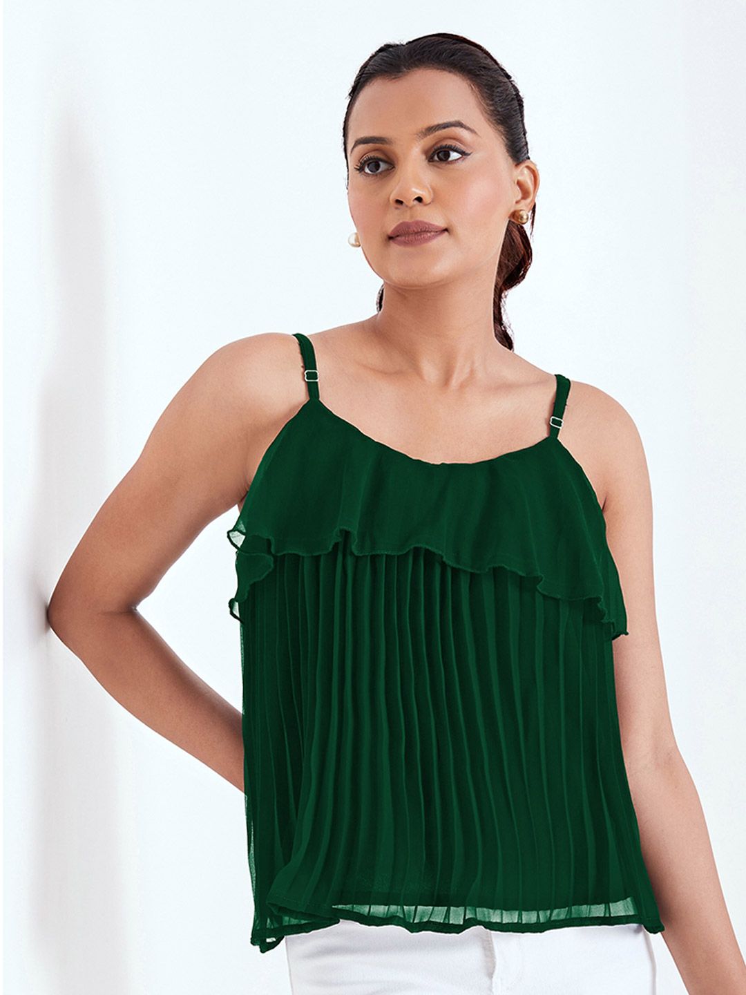 BerryBird Shoulder Straps Ruffle Pleated Georgette Top
