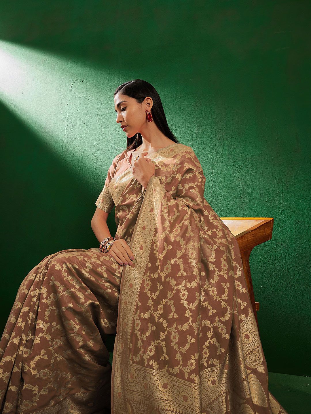 Sangria Cream Ethnic Motifs Woven Design Zari Banarasi Saree
