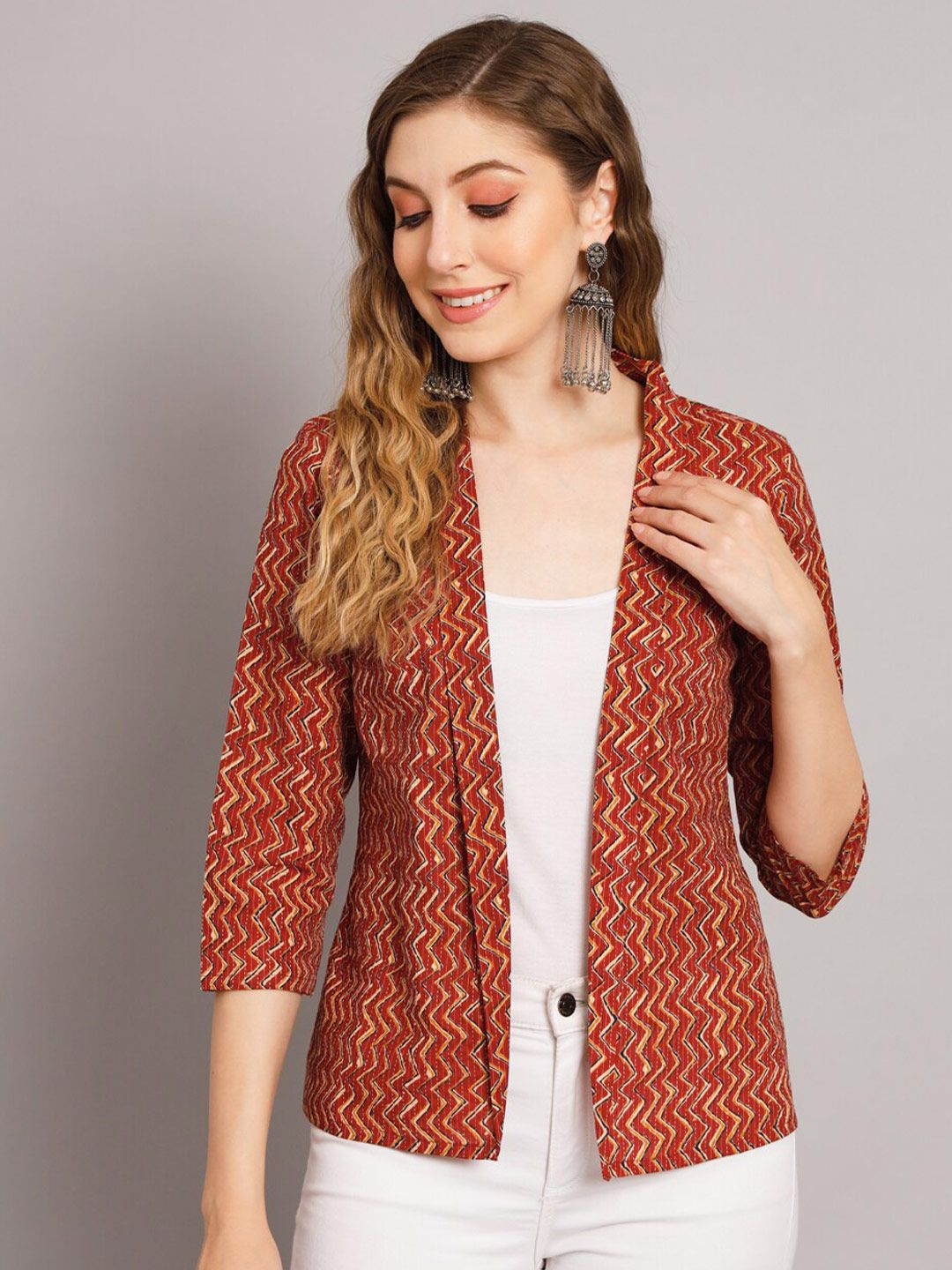 KALINI Chevron Printed Cotton Open Front Shrug
