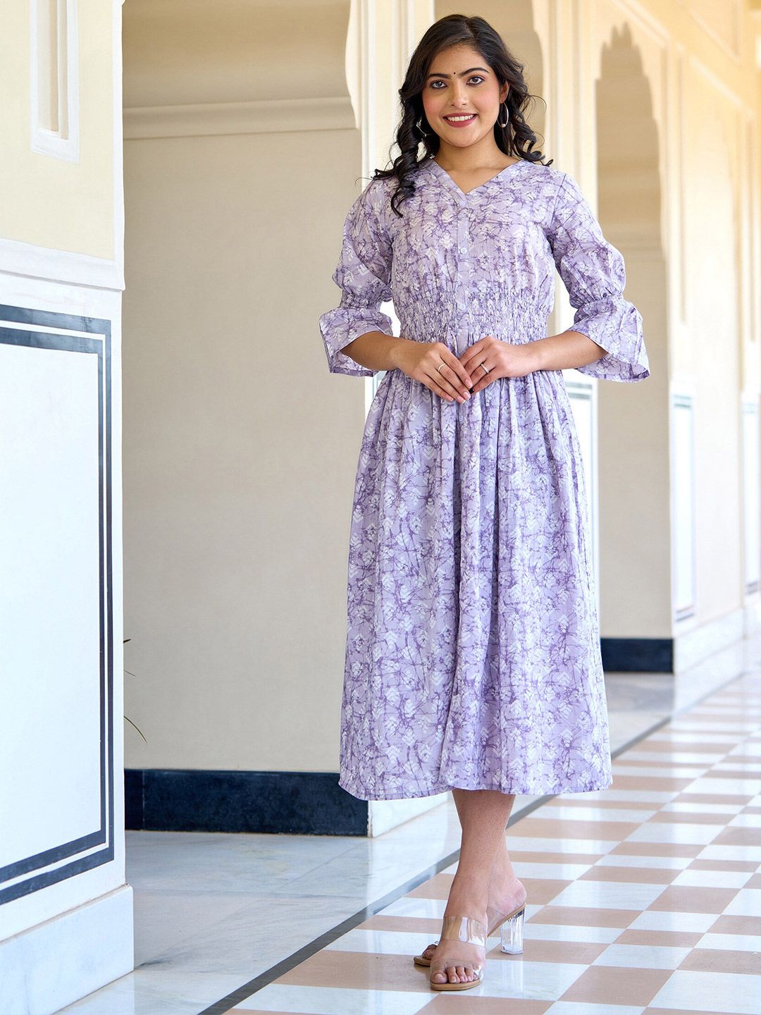 Nayo Floral Printed Bell Sleeve Cotton A-Line Midi Dress