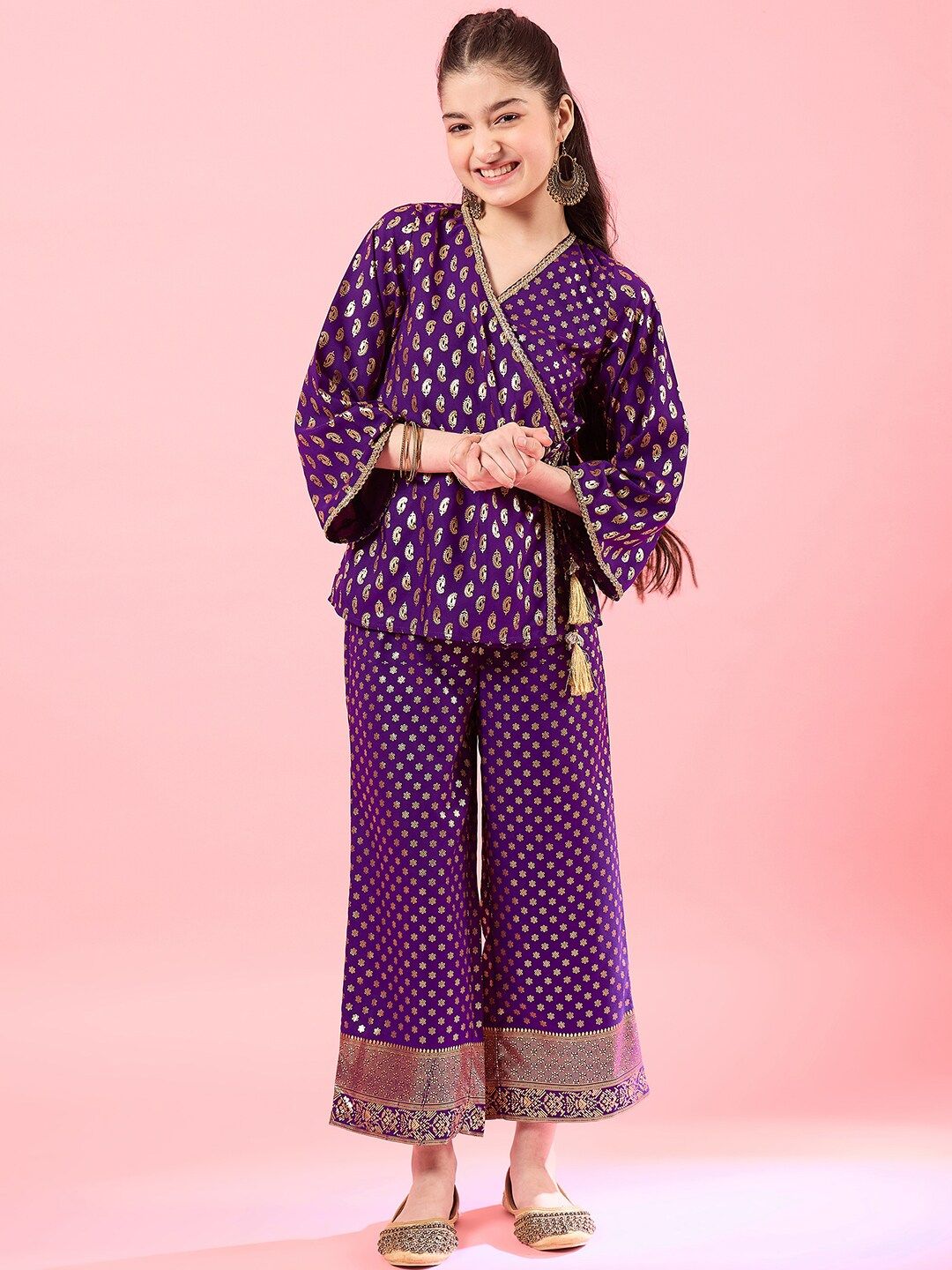 Pspeaches Girls Wine Foil Crepe Angrakha Top Pant Set