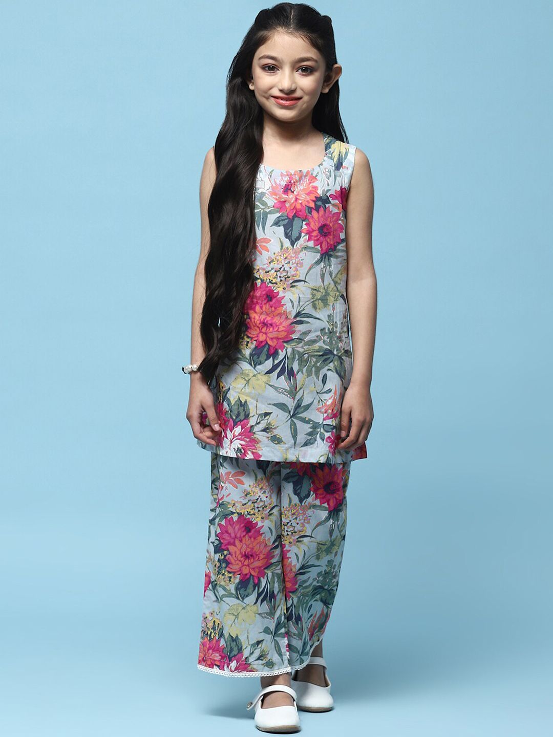Biba Girls Floral Printed Round Neck Straight Pure Cotton Kurta with Palazzos