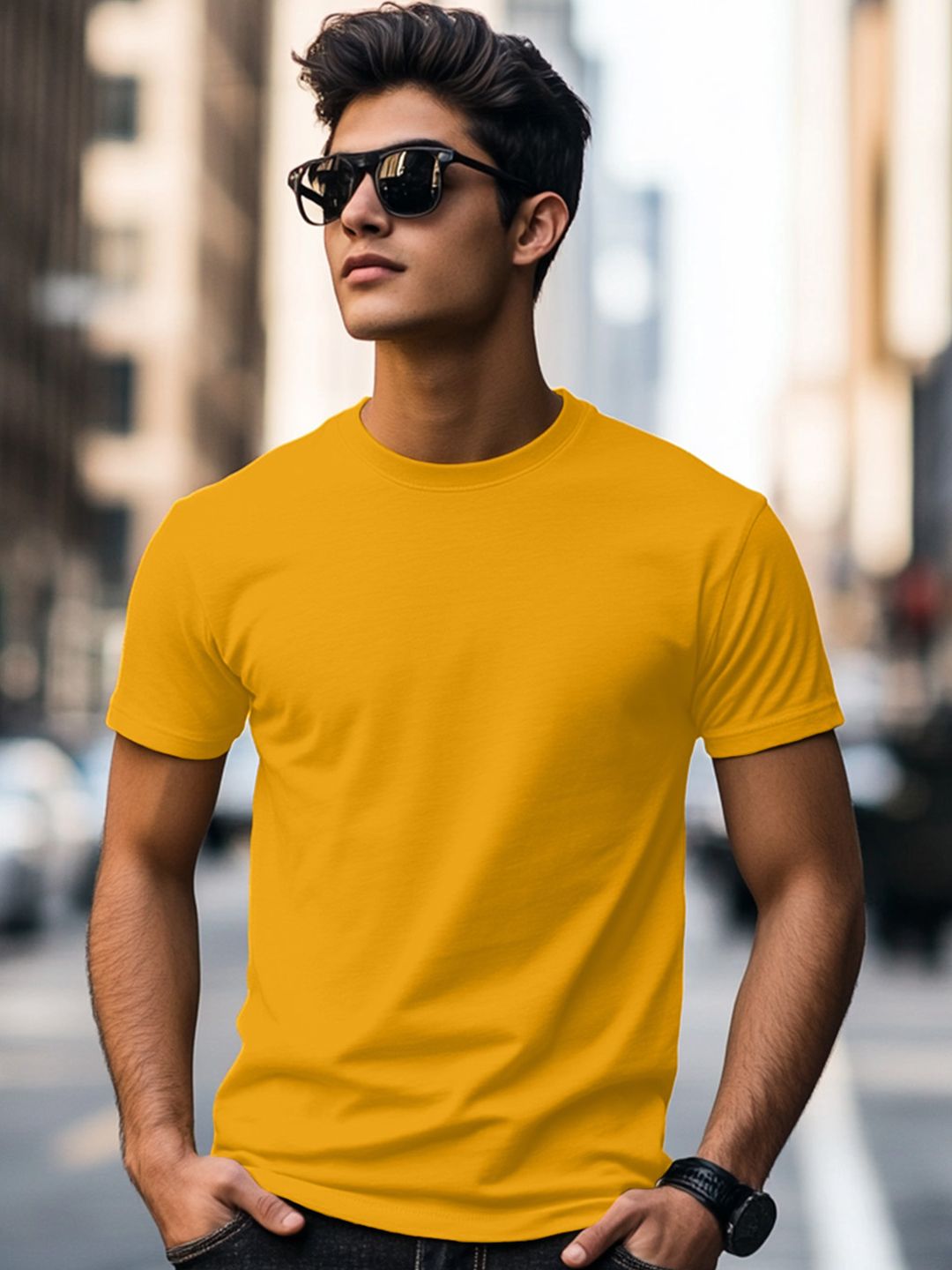 VEIRDO Men Mustard Solid Pure Cotton Round Neck Short Sleeves T-shirt
