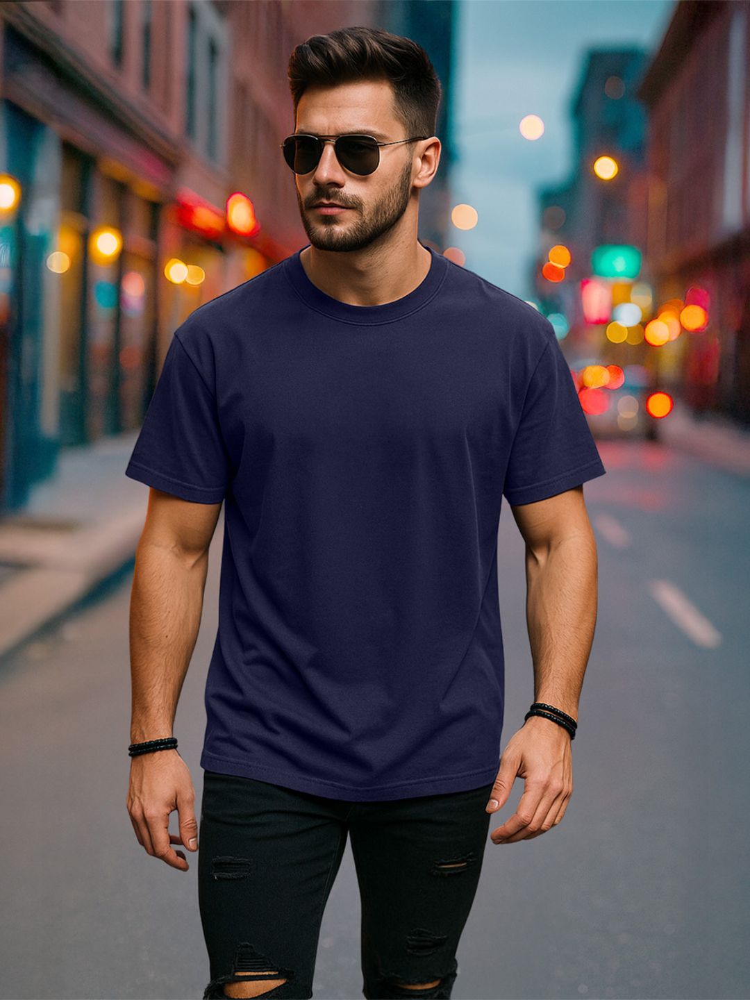 VEIRDO Men Navy Solid Pure Cotton Round Neck Short Sleeves T-shirt