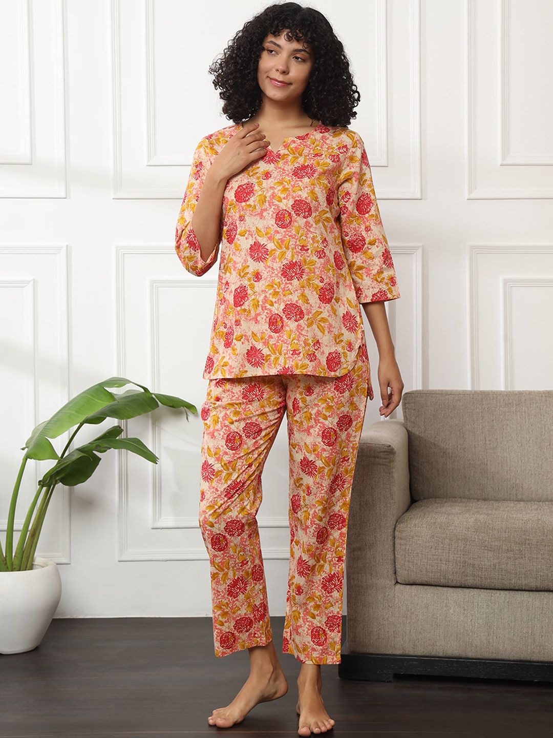 Bannos Swagger Beige Floral Printed Pure Cotton Night Suit