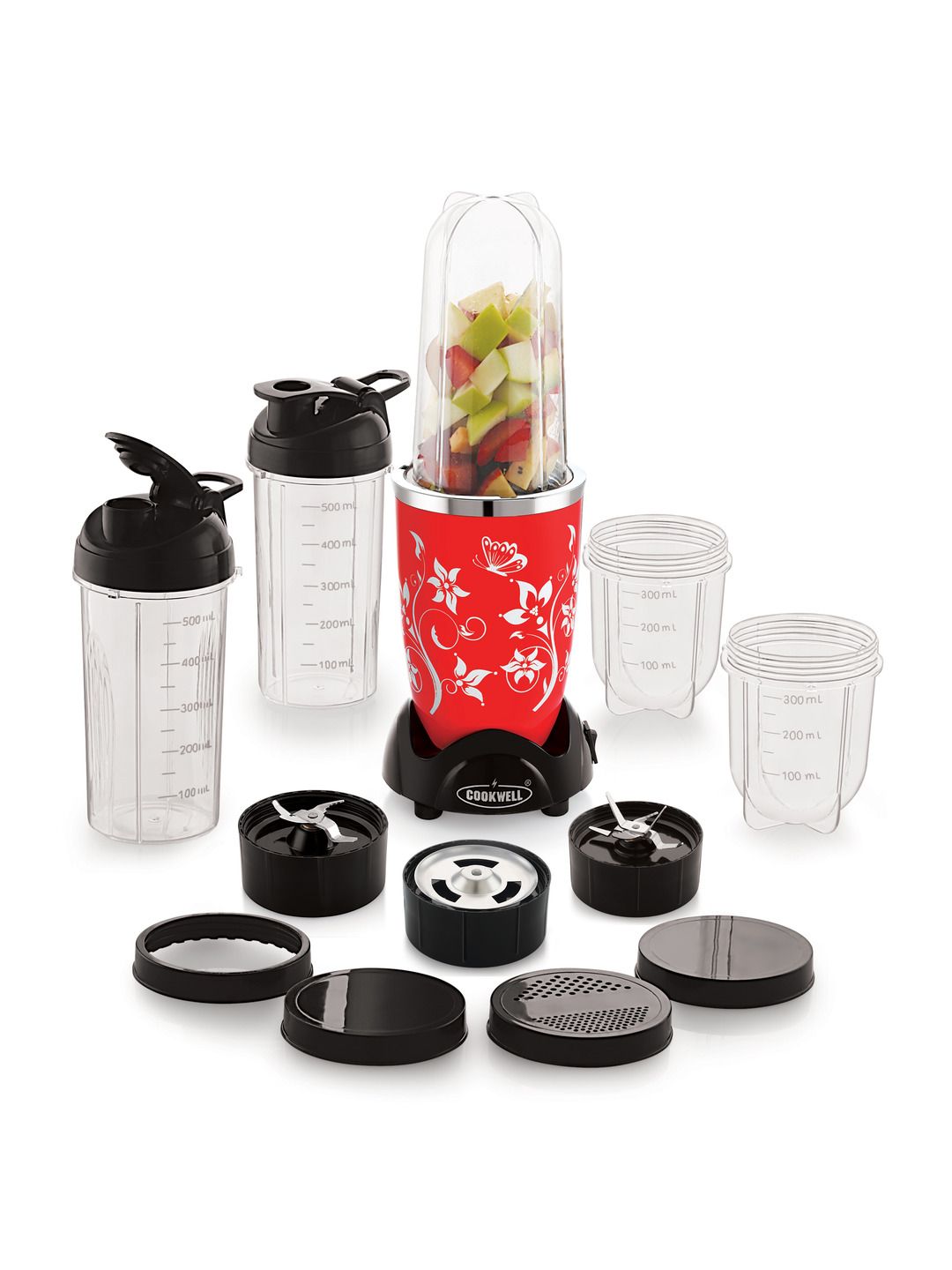 Cookwell Nutri Red Plastic Anti-Drip 5 Jars Wet and Dry Grinder with Juicer-500W