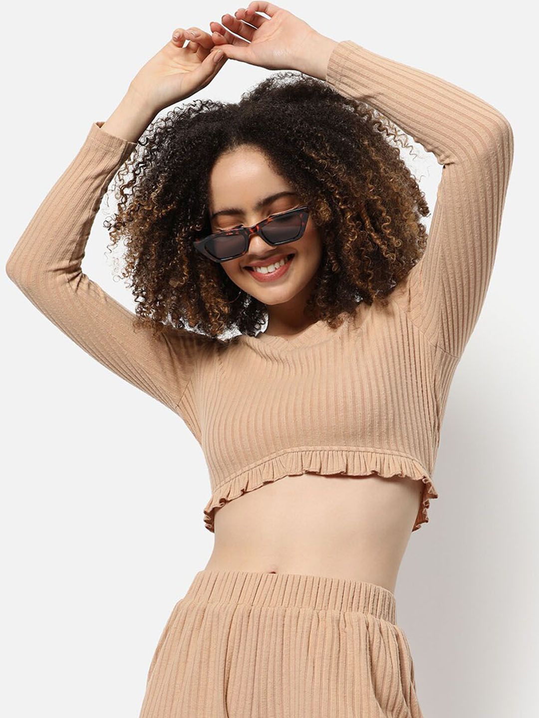 PINACOLADA  Ribbed Long Sleeves Ruffled Cotton Top With Shorts