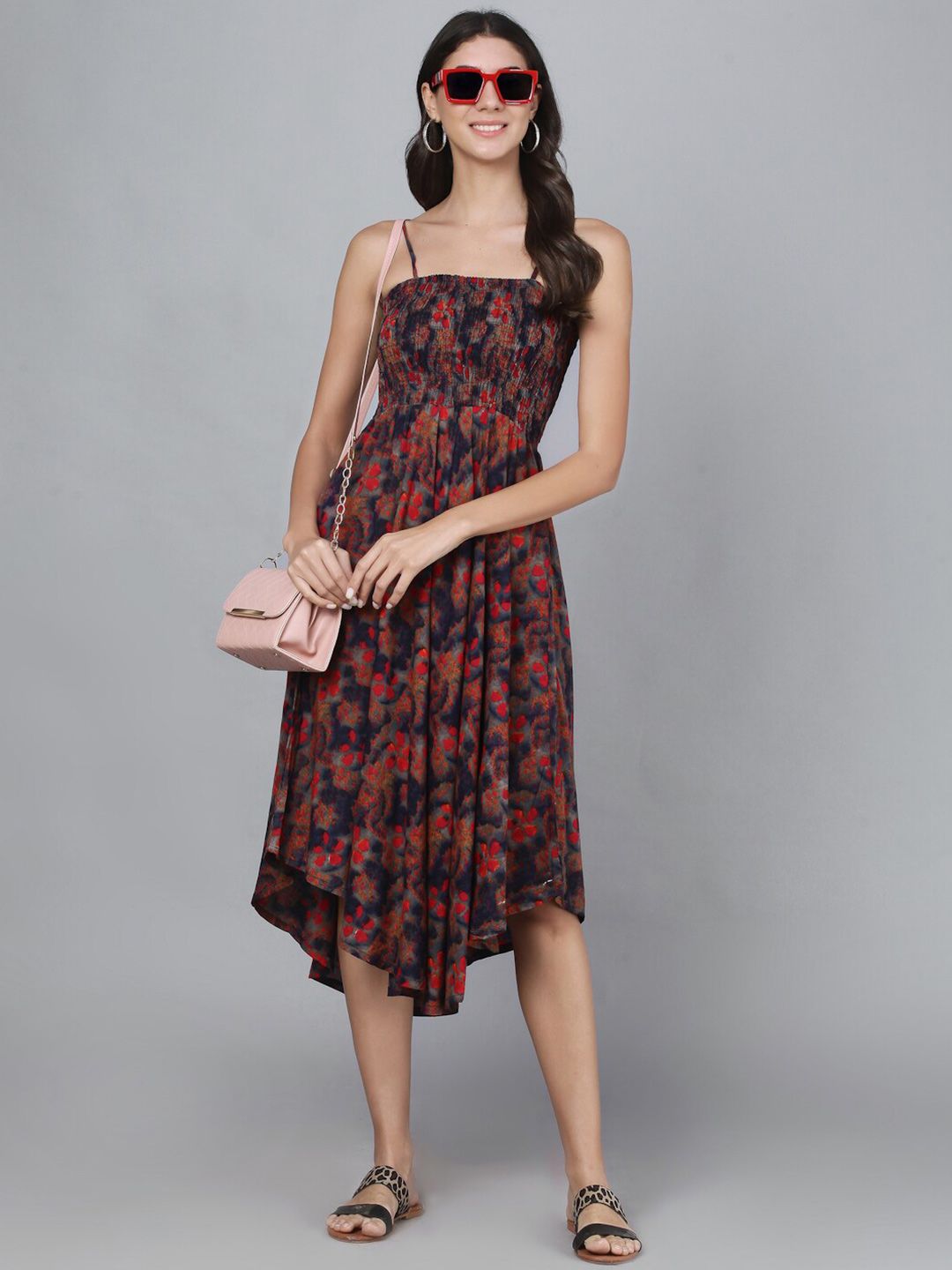 Vastralay Floral Printed Smocked Fit & Flare Midi Dress