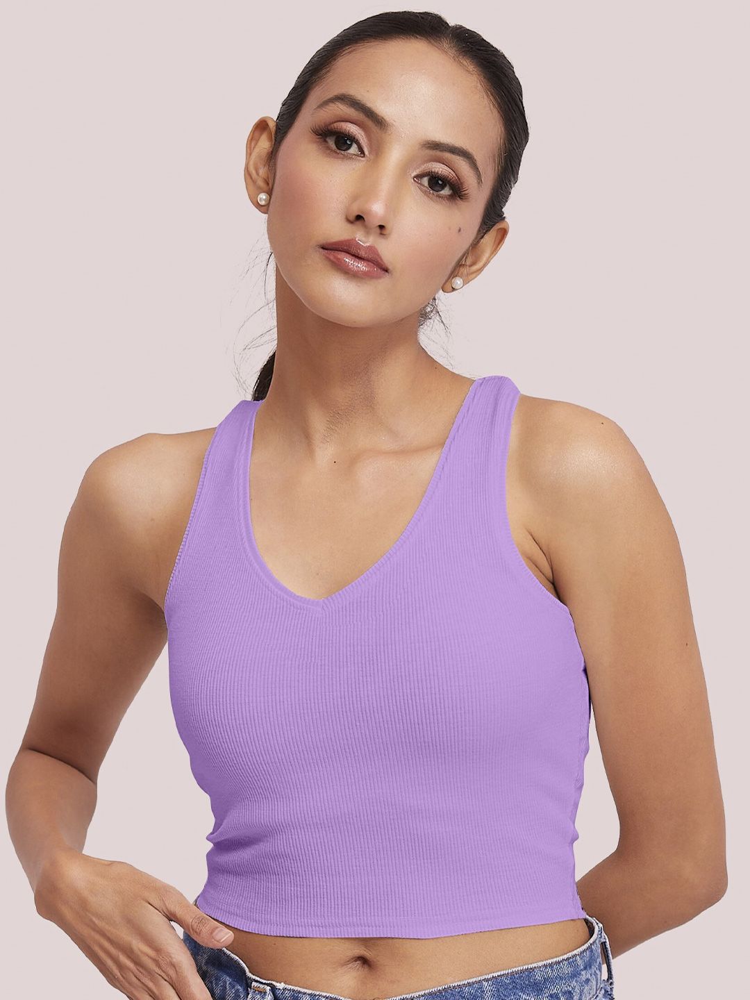 BerryBird Cotton V-Neck Sleeveless Opaque Fitted Crop Top