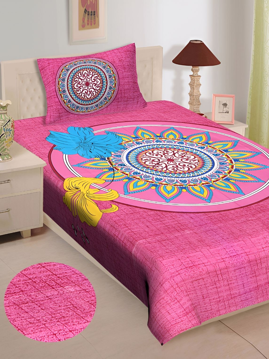 UNIBLISS Ogee Pink Ethnic Motifs Cotton 144 TC Single Fine Bedsheet with a Pillow Cover-87 x 59 inches