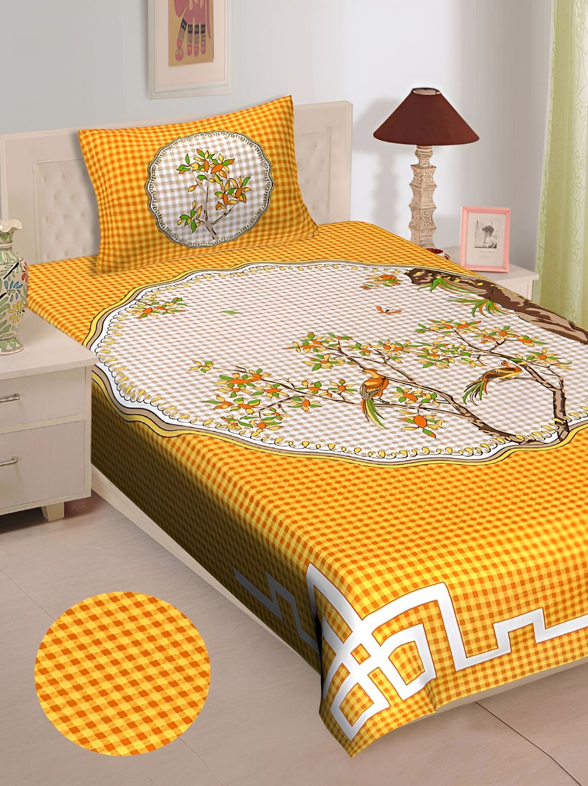UNIBLISS Yellow Floral Cotton 144 TC Single Fine Bedsheet with a Pillow Cover-87 x 59 inches
