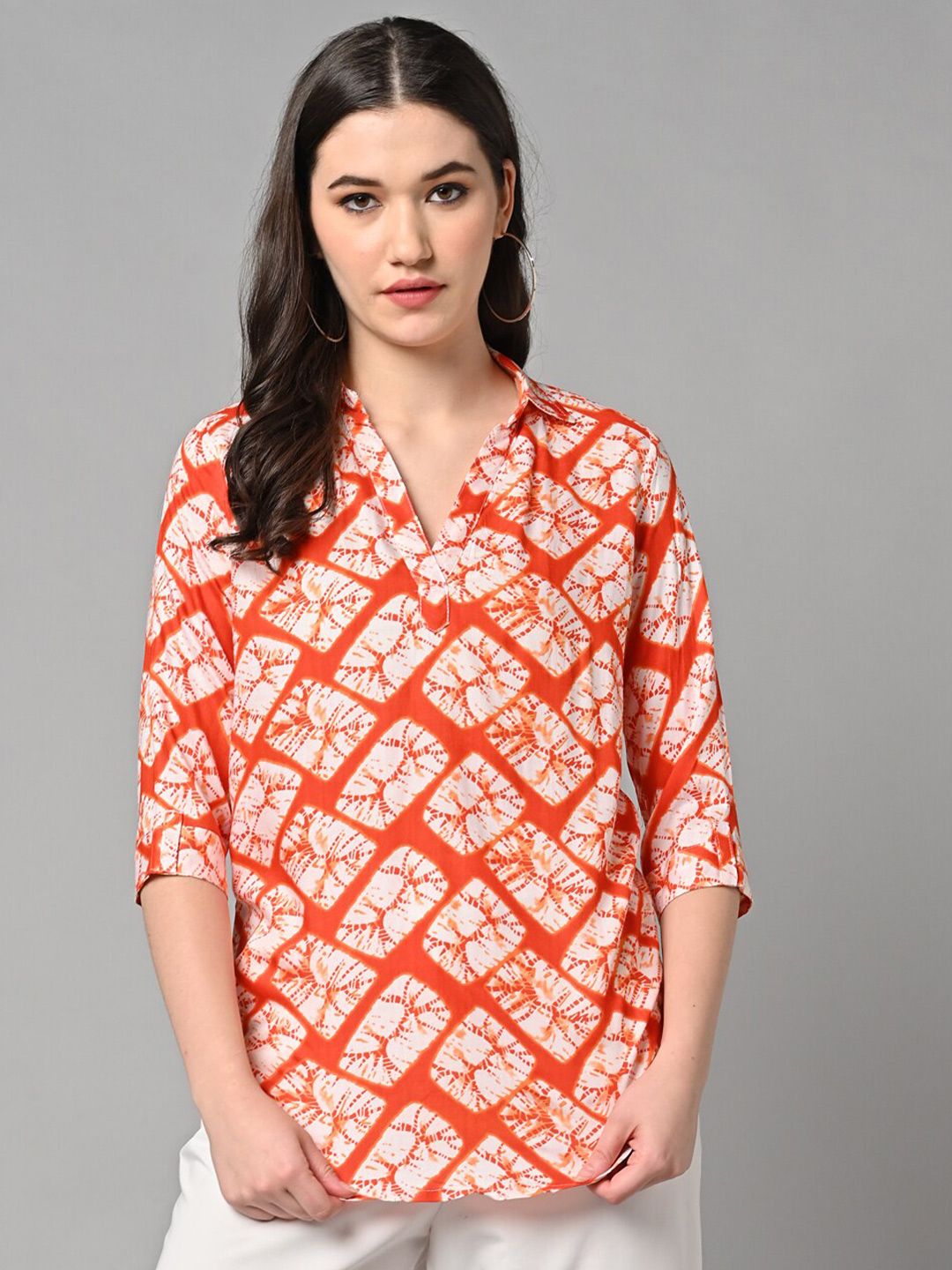 KALINI Geometric Print Roll-Up Sleeves Top