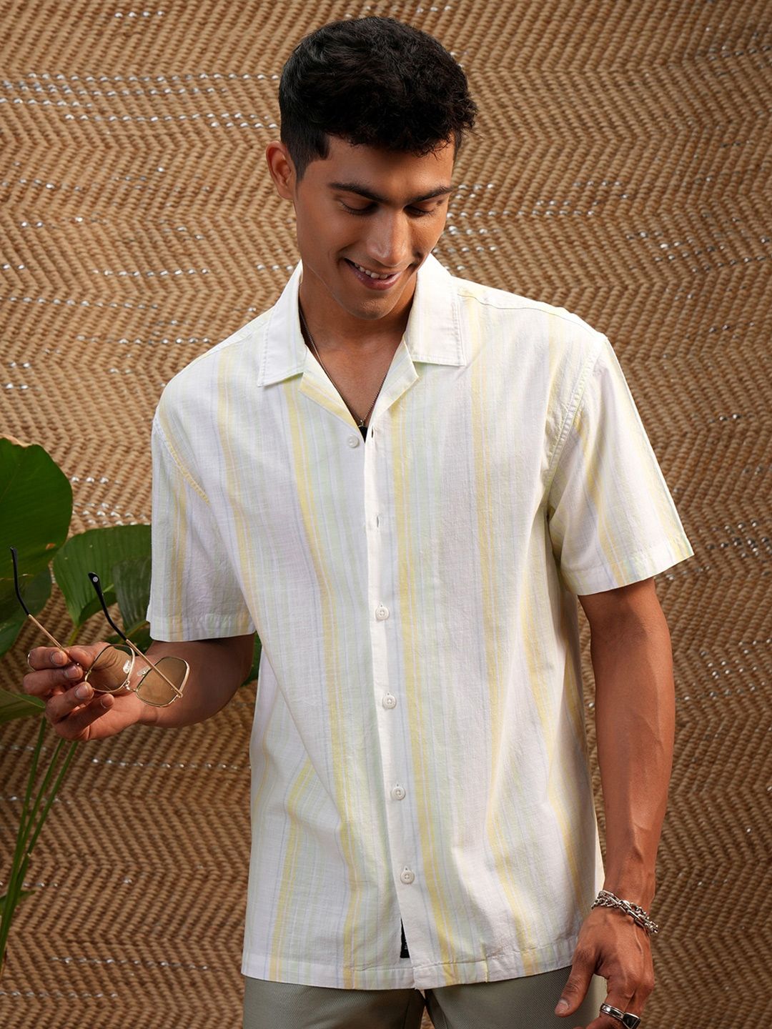"Locomotive Premium Men Striped Cuban Collar Relaxed Shirt