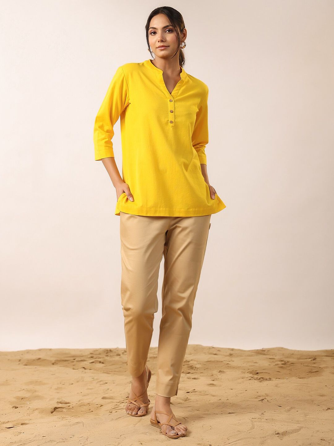 JISORA Mandarin Collar Cuffed Sleeves Top