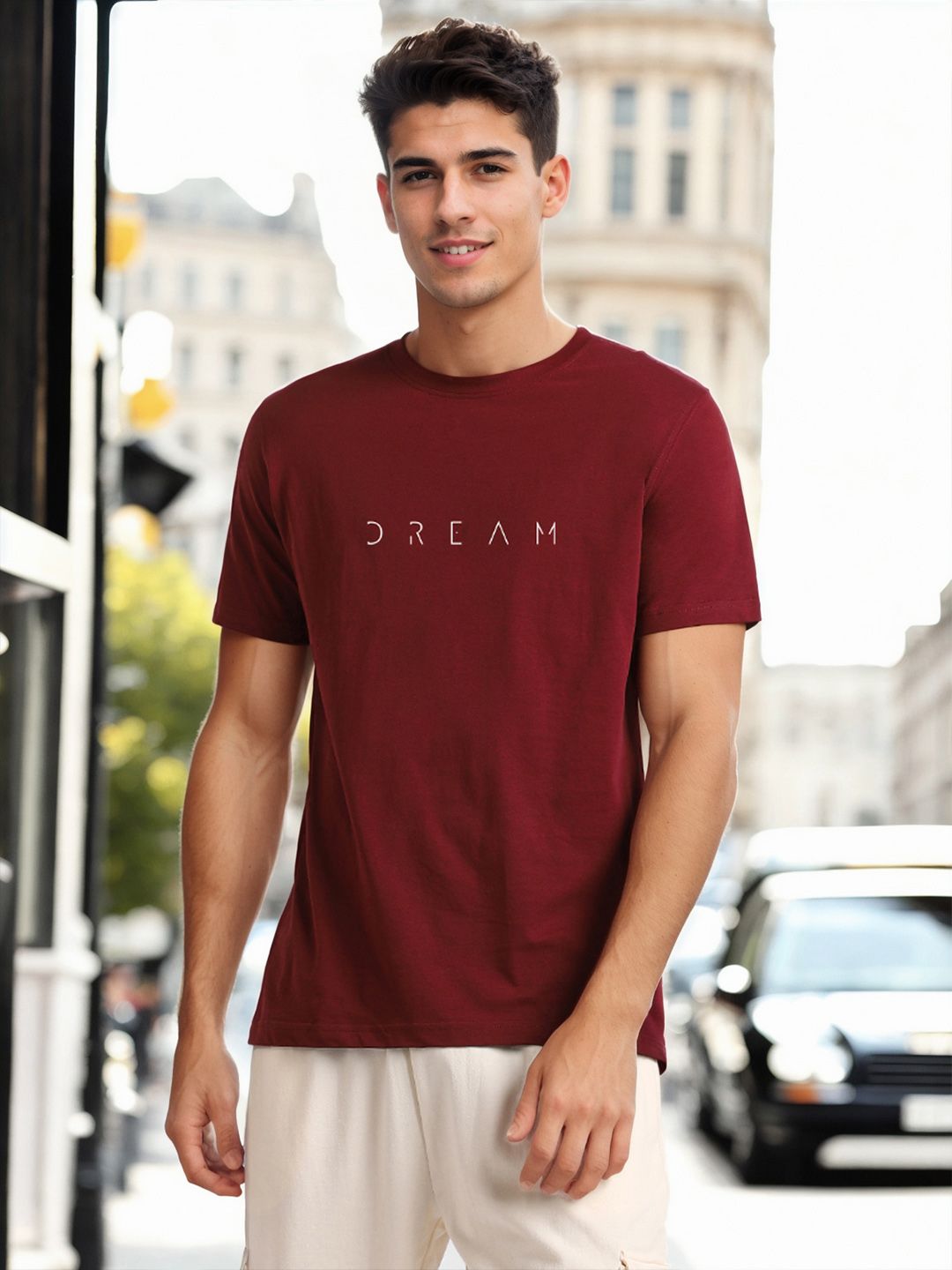 NOBERO Embroidered Typography Cotton Round Neck Short Sleeves T-shirt