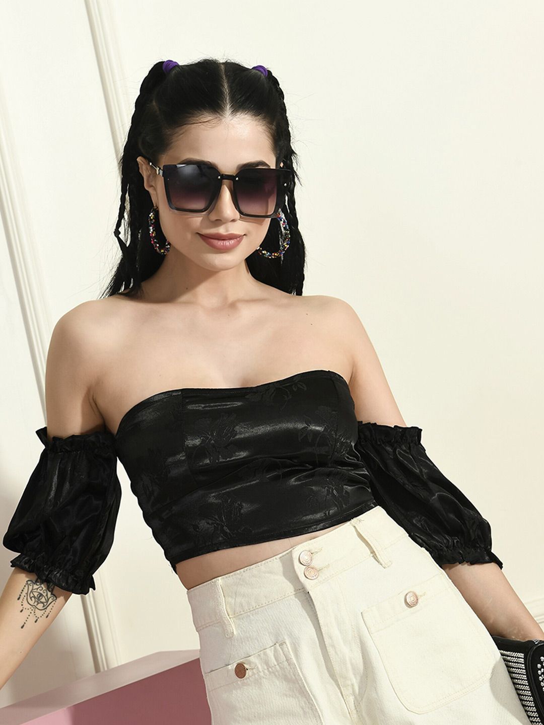 Fuchsia  Off-Shoulder Puff Sleeve Bardot Crop Top