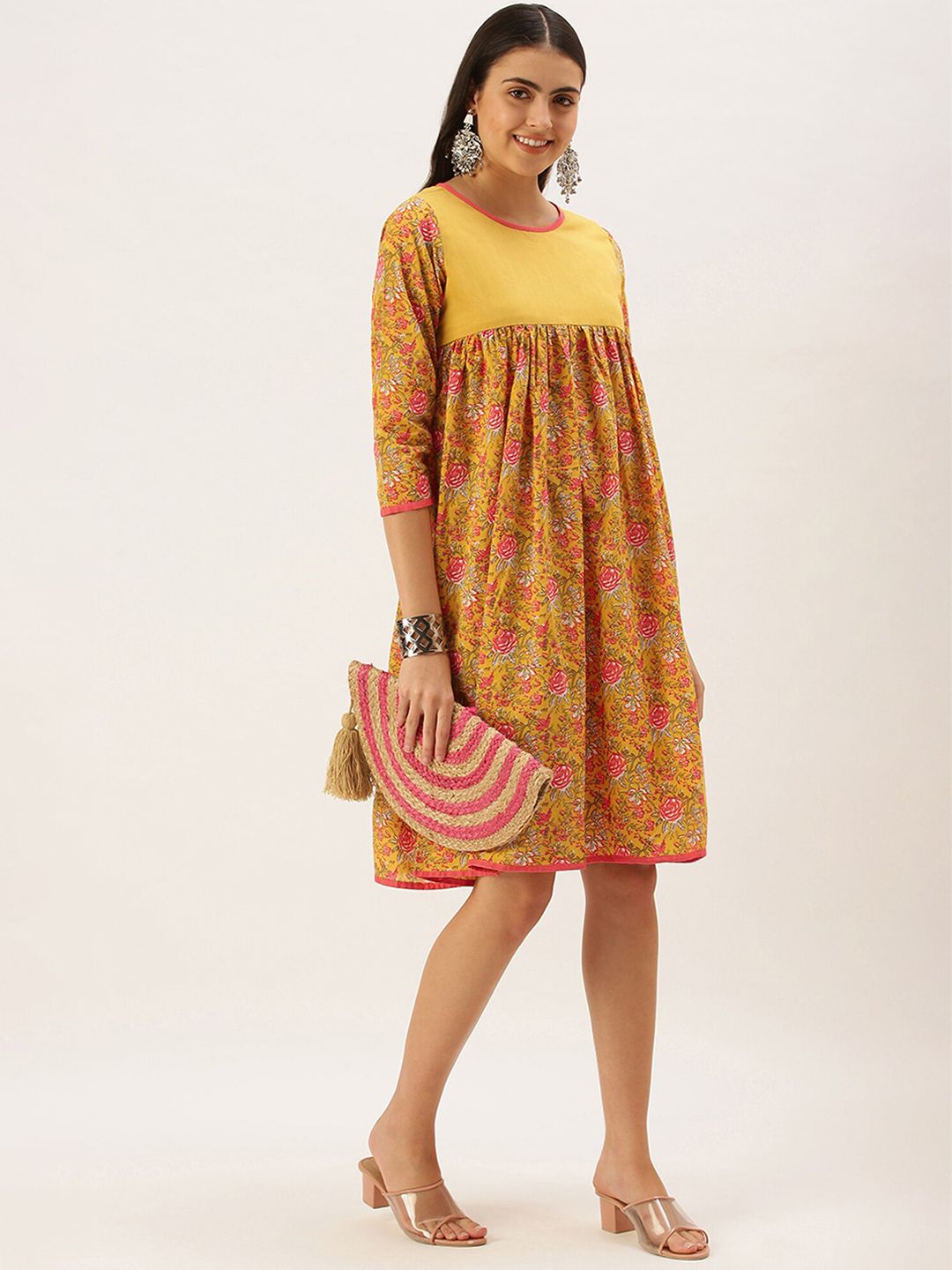 KALINI Floral Printed Cotton A-Line Dress