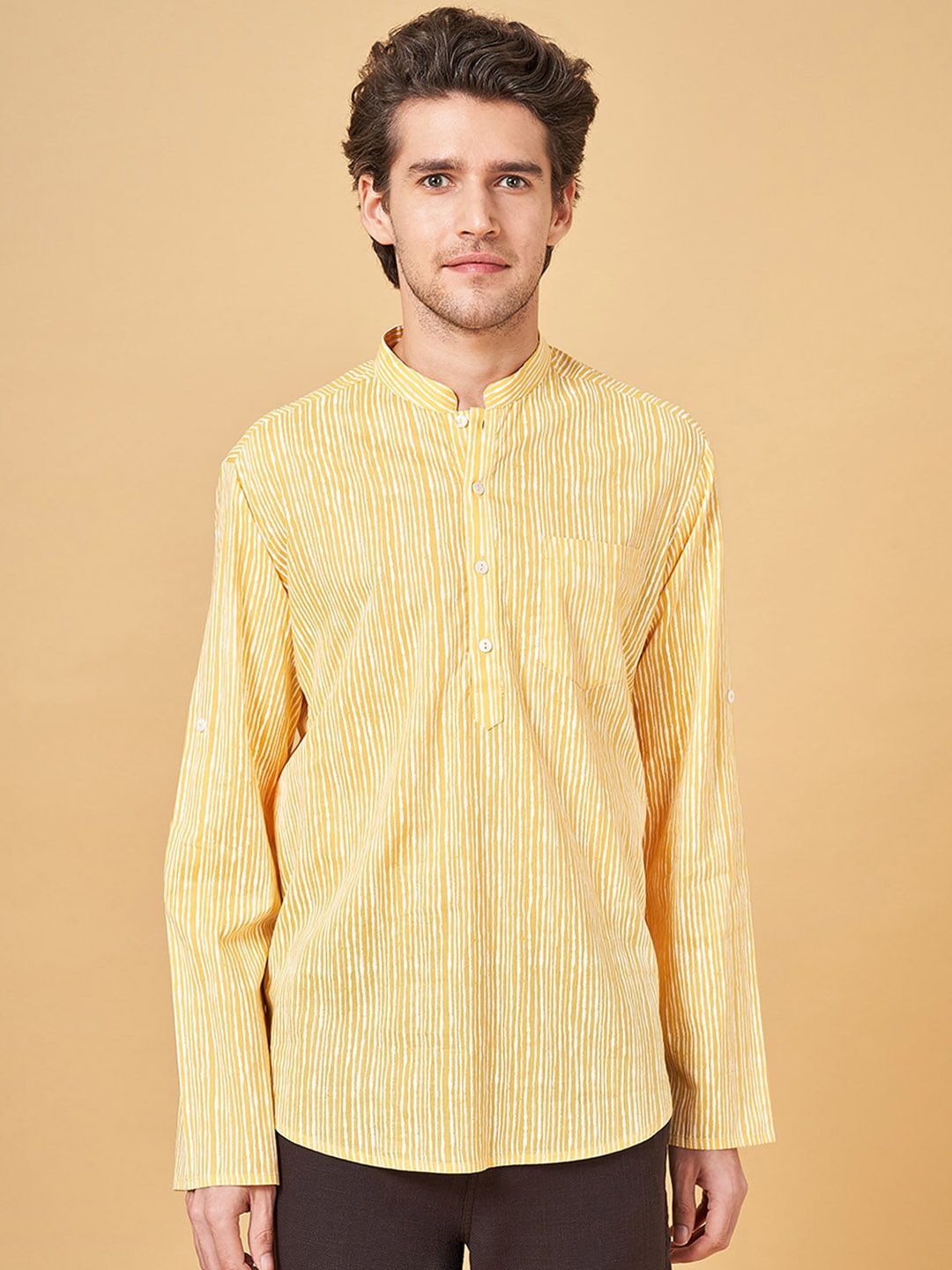 indus route by Pantaloons Striped Mandarin Collar Roll-Up Sleeves Cotton Straight Kurta